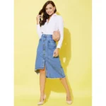 Women's Denim Hi Lo Buttoned Skirt (Blue) - Image 5