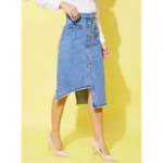 Women's Denim Hi Lo Buttoned Skirt (Blue) - Image 4