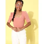 Women's Polyester Lycra Solid Short Sleeve Top (Pink) - Image 4