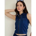Women's Denim Lycra Solid Sleeveless Top (Blue) - Image 4