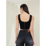 Women's Denim Lycra Solid Sleeveless Top (Black) - Image 5