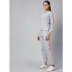 Women's Cotton Solid Long Sleeves Tracksuit (Light Grey - Pink) - Image 3
