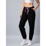 Women's Cotton Twill Solid Elasticated Trousers (Black) - Image 5