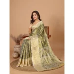 Women's Jacquard Saree With Unstitched Blouse 5.5Mtr (Olive) - Image 3