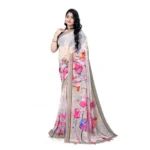 Women's Georgette Floral Printed Saree With Unstitched Blouse 5.5Mtr (Beige) - Image 2