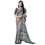Women's Georgette Floral Printed Saree With Unstitched Blouse 5.5Mtr (Grey) - Image 3