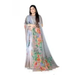Women's Georgette Floral Printed Saree With Unstitched Blouse 5.5Mtr (Grey) - Image 3