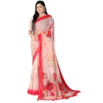 Women's Georgette Floral Printed Saree With Unstitched Blouse 5.5Mtr (Red) - Image 4