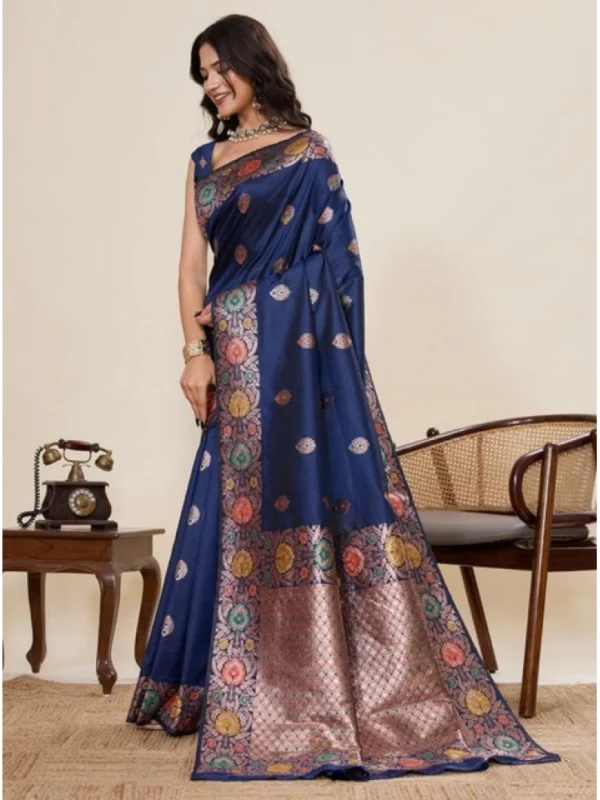 Women's Faux_Banarasi_Silk Woven Saree With Unstitched Blouse 5.5Mtr (Navy_Blue)