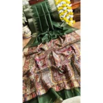 Women's Tussar Silk Madhubani Saree With Unstitched Blouse 5.5Mtr (Green) - Image 4