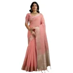 Women's Tissue Checks_With_Buttis Saree With Unstitched Blouse 5.5Mtr (Peach) - Image 3