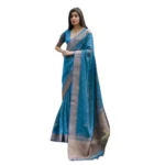 Women's Silk_Blend Butti Pattern Saree With Unstitched Blouse 5.5Mtr (Teal) - Image 4