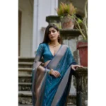 Women's Silk_Blend Butti Pattern Saree With Unstitched Blouse 5.5Mtr (Teal) - Image 2