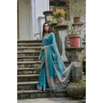 Women's Silk_Blend Butti Pattern Saree With Unstitched Blouse 5.5Mtr (Teal) - Image 2