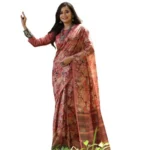 Women's Faux_Tussar_Silk Abstract_Print Saree With Unstitched Blouse 5.5Mtr (Peach) - Image 3