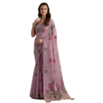 Women's Blended_Cotton Floral Motifs And Woven Buttas Saree With Unstitched Blouse 5.5Mtr (Lavender) - Image 3