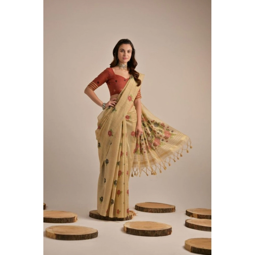PID-65681-Generic-Women-S-Blended-Cotton-Floral-Motifs-And-Woven-Buttas-Saree-With-Unstitched-Blous-1000x1000-1.webp Women's Blended_Cotton Floral Motifs And Woven Buttas Saree With Unstitched Blouse 5.5Mtr (Light_Beige) - Image 1