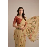 Women's Blended_Cotton Floral Motifs And Woven Buttas Saree With Unstitched Blouse 5.5Mtr (Light_Beige) - Image 2