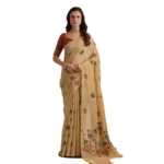 Women's Blended_Cotton Floral Motifs And Woven Buttas Saree With Unstitched Blouse 5.5Mtr (Light_Beige) - Image 3