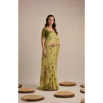 Women's Blended_Cotton Floral Motifs And Woven Buttas Saree With Unstitched Blouse 5.5Mtr (Light_Green) - Image 2