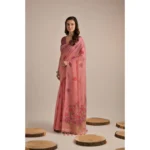 Women's Blended_Cotton Floral Motifs And Woven Buttas Saree With Unstitched Blouse 5.5Mtr (Pink) - Image 2