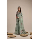Women's Blended_Cotton Floral Motifs And Woven Buttas Saree With Unstitched Blouse 5.5Mtr (Teal)