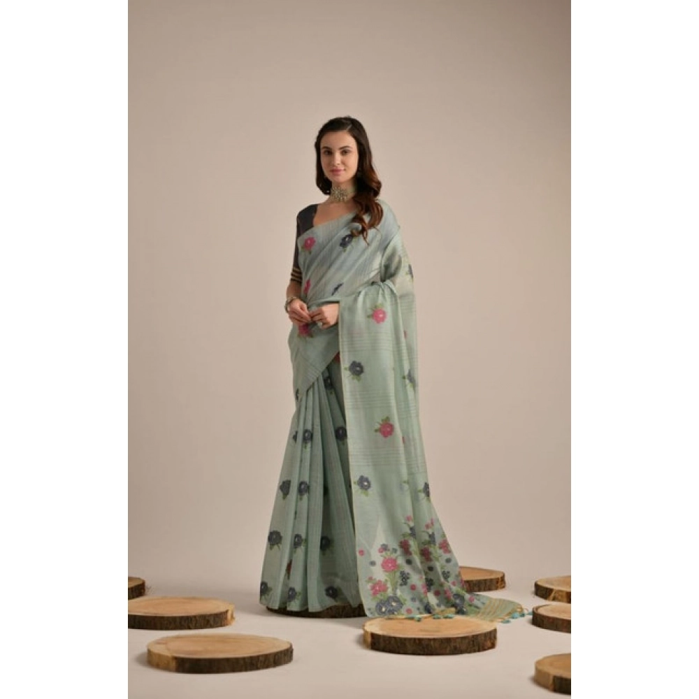 PID-65684-Generic-Women-S-Blended-Cotton-Floral-Motifs-And-Woven-Buttas-Saree-With-Unstitched-Blous-1000x1000-1.webp Women's Blended_Cotton Floral Motifs And Woven Buttas Saree With Unstitched Blouse 5.5Mtr (Teal) - Image 1