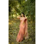 Women's Silk_Blend Checked Saree With Unstitched Blouse 5.5Mtr (Peach) - Image 3