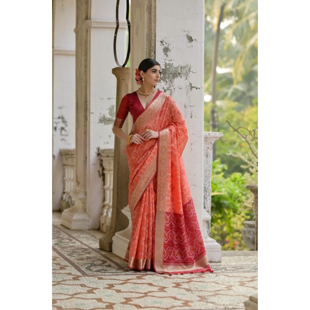 PID-65729-Generic-Women-S-Silk-Blend-Ethnic-Ikat-Pattern-Saree-With-Unstitched-Blouse-5-5-Mtr-Orang-1000x1000-1.webp Women's Silk_Blend Ethnic Ikat Pattern Saree With Unstitched Blouse 5.5Mtr (Orange) - Image 1
