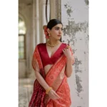 Women's Silk_Blend Ethnic Ikat Pattern Saree With Unstitched Blouse 5.5Mtr (Orange) - Image 2