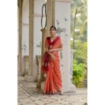 Women's Silk_Blend Ethnic Ikat Pattern Saree With Unstitched Blouse 5.5Mtr (Orange) - Image 3