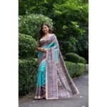 Women's Faux_Tussar Ethnic_Print Saree With Unstitched Blouse 5.5Mtr (Aqua_Blue) - Image 2