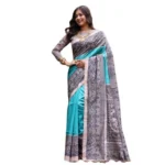 Women's Faux_Tussar Ethnic_Print Saree With Unstitched Blouse 5.5Mtr (Aqua_Blue) - Image 3