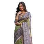 Women's Faux_Tussar Ethnic_Print Saree With Unstitched Blouse 5.5Mtr (Olive) - Image 3