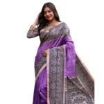 Women's Faux_Tussar Ethnic_Print Saree With Unstitched Blouse 5.5Mtr (Purple) - Image 3