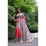Women's Faux_Tussar Ethnic_Print Saree With Unstitched Blouse 5.5Mtr (Red)
