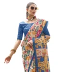 Women's Faux_Tussar Kalamkari_Print Saree With Unstitched Blouse 5.5Mtr (Blue) - Image 4