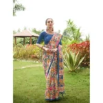Women's Faux_Tussar Kalamkari_Print Saree With Unstitched Blouse 5.5Mtr (Blue) - Image 3