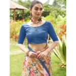 Women's Faux_Tussar Kalamkari_Print Saree With Unstitched Blouse 5.5Mtr (Blue) - Image 2