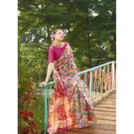 Women's Faux_Tussar Kalamkari_Print Saree With Unstitched Blouse 5.5Mtr (Pink) - Image 3