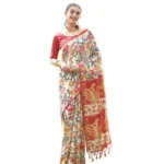 Women's Faux_Tussar Kalamkari_Print Saree With Unstitched Blouse 5.5Mtr (Red) - Image 4