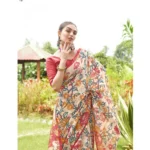 Women's Faux_Tussar Kalamkari_Print Saree With Unstitched Blouse 5.5Mtr (Red) - Image 3