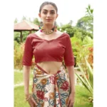 Women's Faux_Tussar Kalamkari_Print Saree With Unstitched Blouse 5.5Mtr (Red) - Image 2