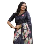 Women's Faux_Tussar Floral Saree With Unstitched Blouse 5.5Mtr (Black) - Image 4