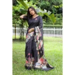 Women's Faux_Tussar Floral Saree With Unstitched Blouse 5.5Mtr (Black) - Image 3