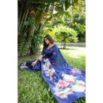 Women's Faux_Tussar Floral Saree With Unstitched Blouse 5.5Mtr (Navy_Blue) - Image 3