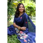 Women's Faux_Tussar Floral Saree With Unstitched Blouse 5.5Mtr (Navy_Blue) - Image 2