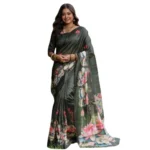 Women's Faux_Tussar Floral Saree With Unstitched Blouse 5.5Mtr (Olive) - Image 4
