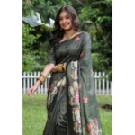 Women's Faux_Tussar Floral Saree With Unstitched Blouse 5.5Mtr (Olive) - Image 3