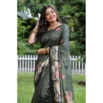 Women's Faux_Tussar Floral Saree With Unstitched Blouse 5.5Mtr (Olive) - Image 2